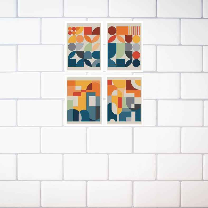 Abstract geometric shapes high quality UV protected framed canvas prints | Blue, red, green, orange | Set of 4 | 30 cm x 40 cm