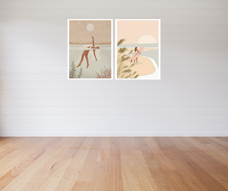 By the water high quality UV protected framed canvas prints | Beige and neutrals | Set of 2 | 30 cm x 40 cm