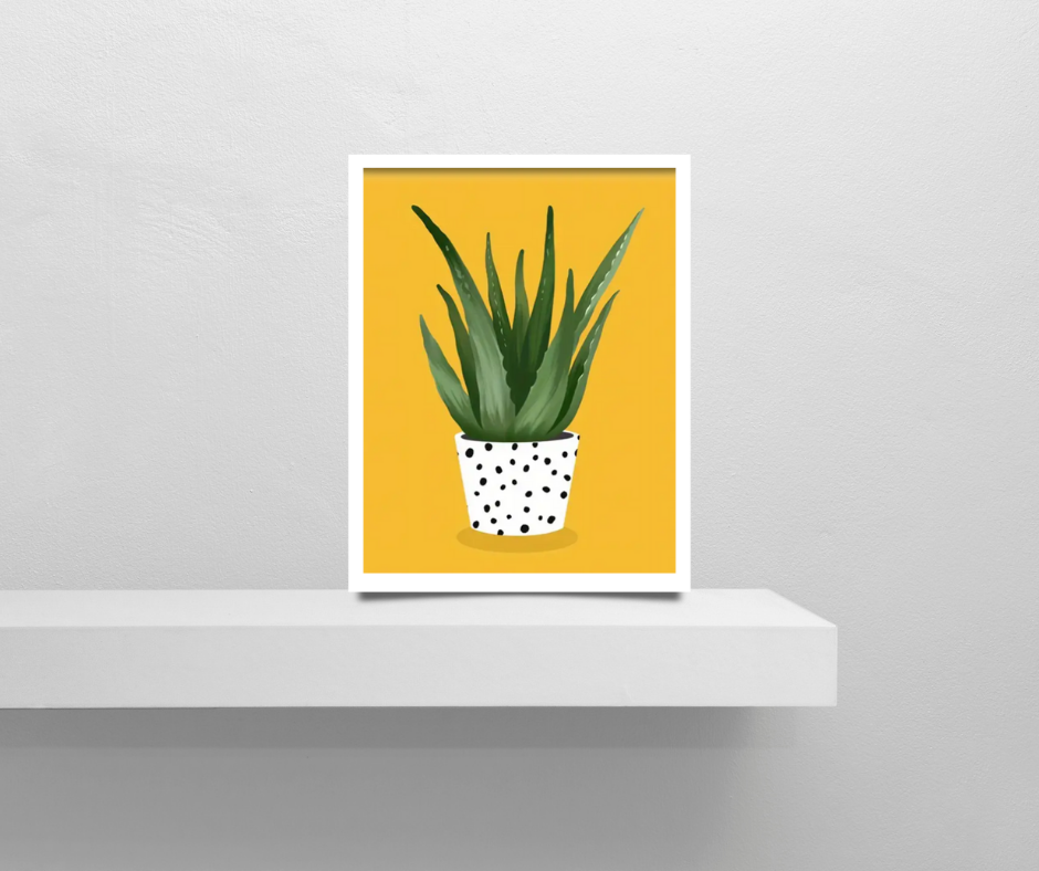 Art deco succulent | High quality UV protected framed canvas print | Black and white pot | Yellow background | 30 cm x 40 cm