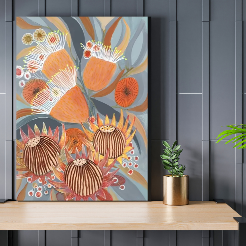 Australian natives stretched canvas print | Blue, peach, orange | 30 cm x 40 cm