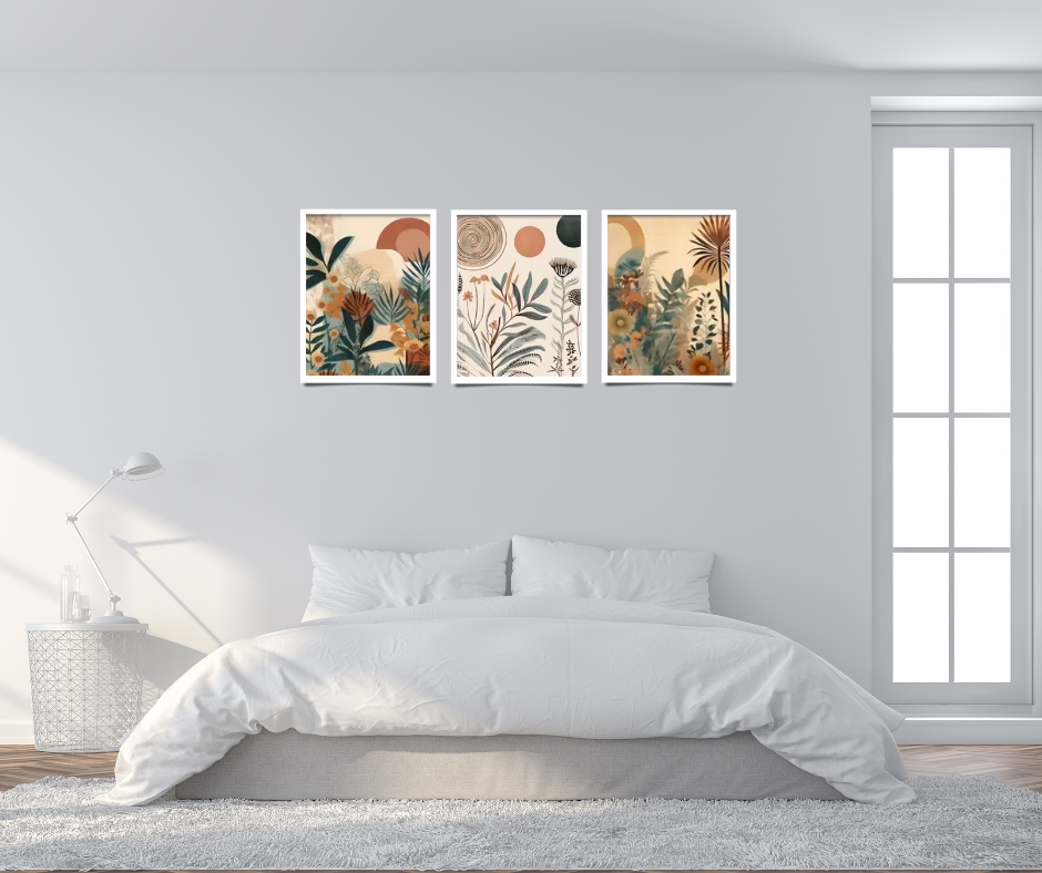Boho mid-century floral famed canvas prints | Green, brown, beige | Set of 3 | 30 cm x 40 cm