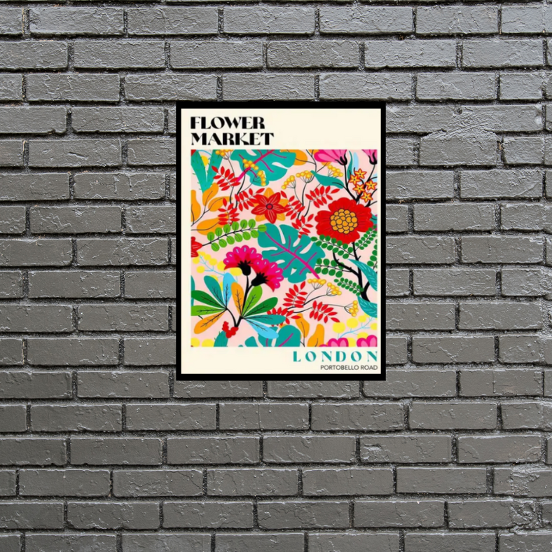 Bright 'Flower market' London Portobello Road | high quality UV protected framed canvas print | Aqua, Fuchsia, red | 30 cm x 40 cm