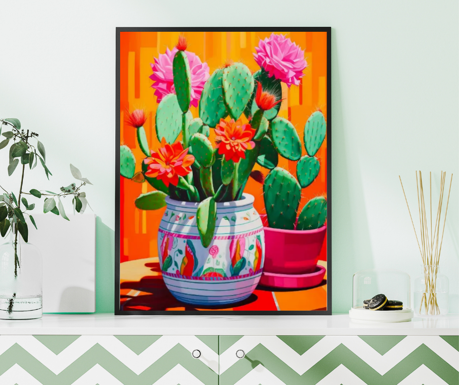 Vibrant still life cactus in white and pink pots high quality framed canvas print | 30 cm x 40 cm