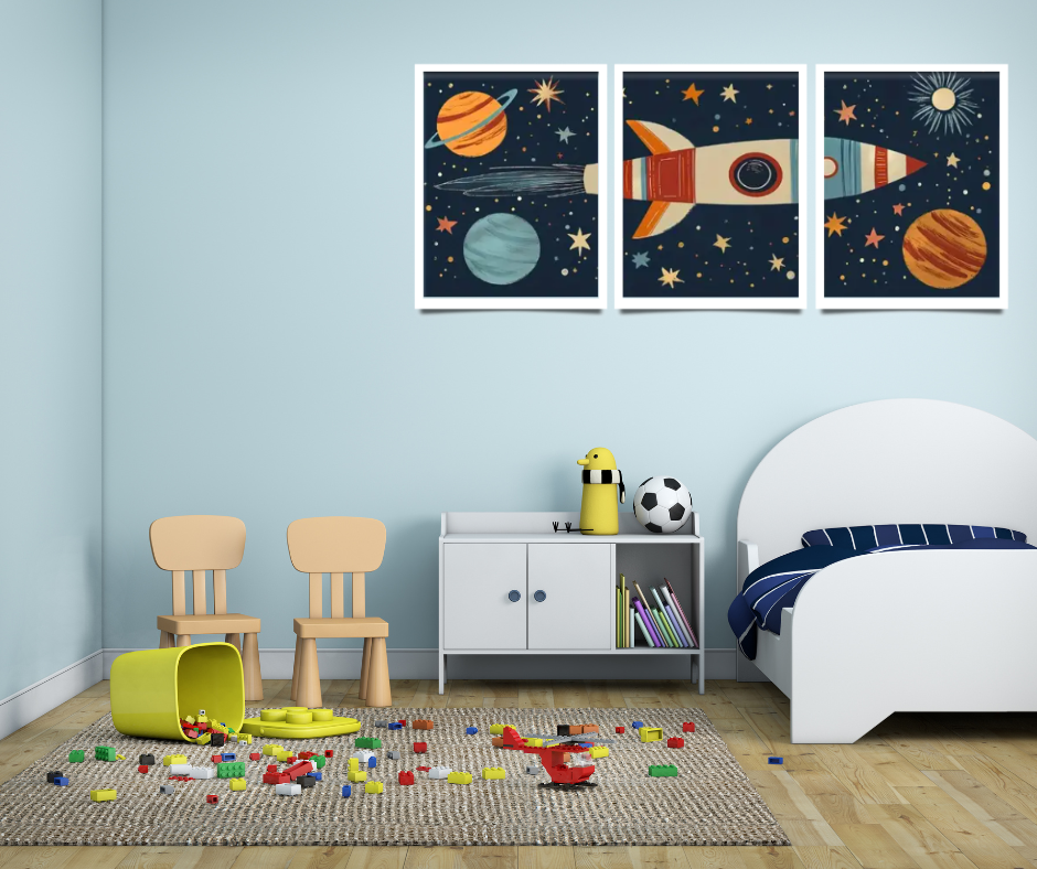 Children's bright rocket framed canvas prints 3 set | Navy, cream, orange | 30 cm x 40 cm