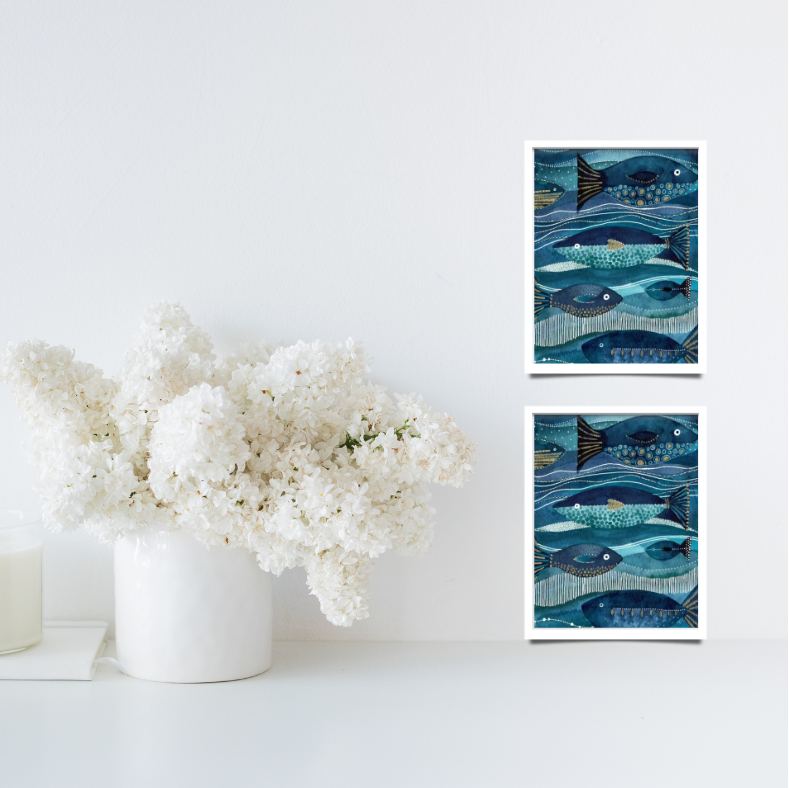 Vibrant abstract fish high quality framed canvas print | Blue, teal, gold | 30 cm x 40 cm