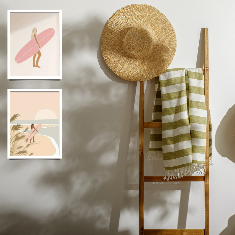 Curl curl surfer girl high quality framed canvas print | Beige, Pink, white | Set of 3 | 30 cm x 40 cm