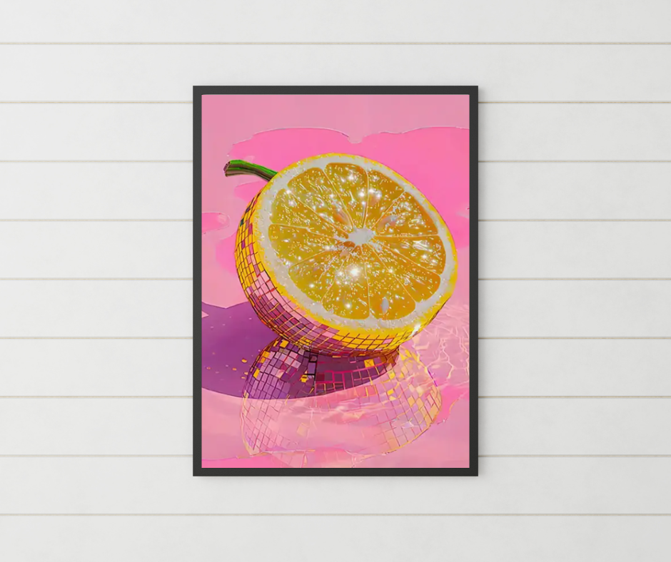 Disco lemon still life high quality UV protected framed canvas print | Yellow, pink | 50 cm x 70 cm LGE