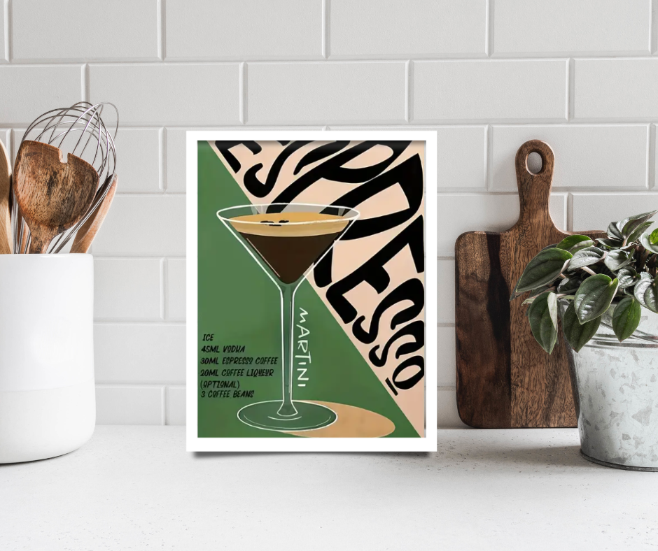 Espresso martini vintage poster | High quality UV protected framed canvas print | Green, cream, brown | 30 cm x 40 cm