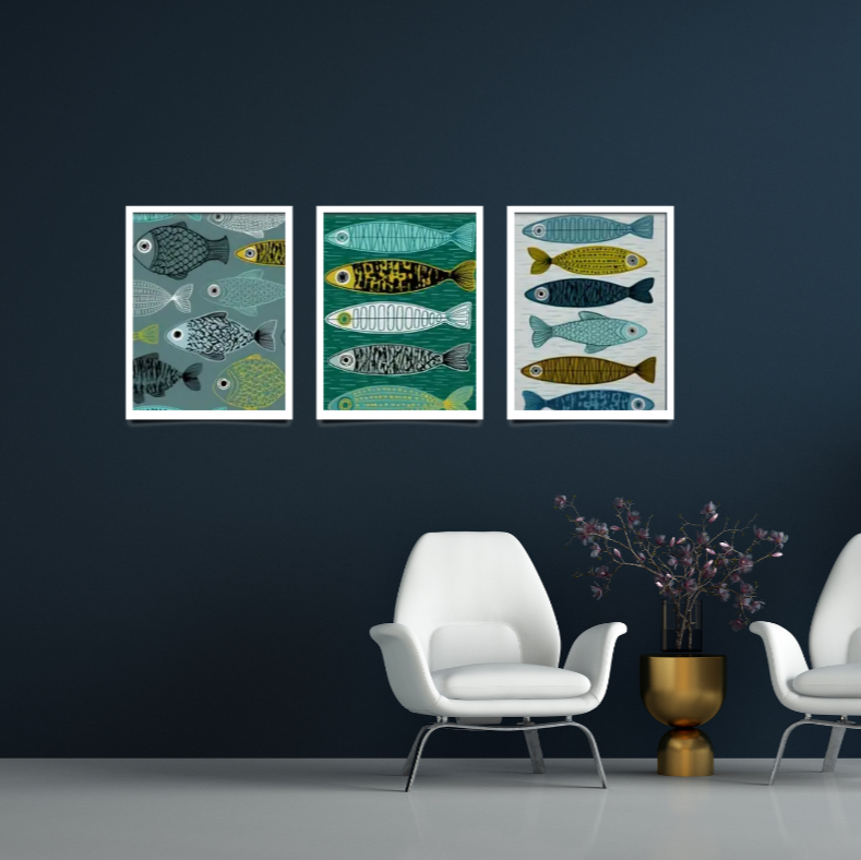 Fish school high quality framed canvas print | Teal, blue, cream, black | Set of 3 | 30 cm x 40 cm