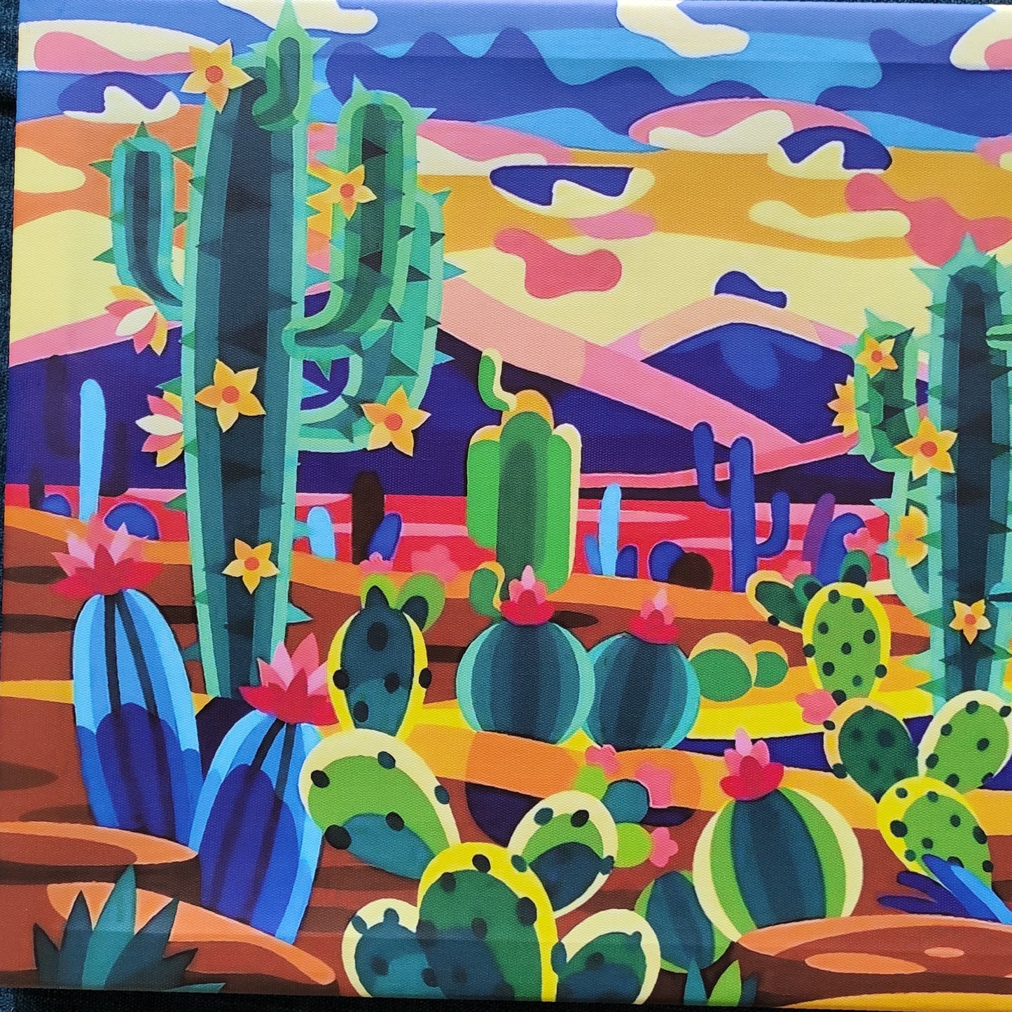 Bright cactus desert scene | High quality UV protected stretched canvas| Blue, green, yellow | 40 cm x 60 cm