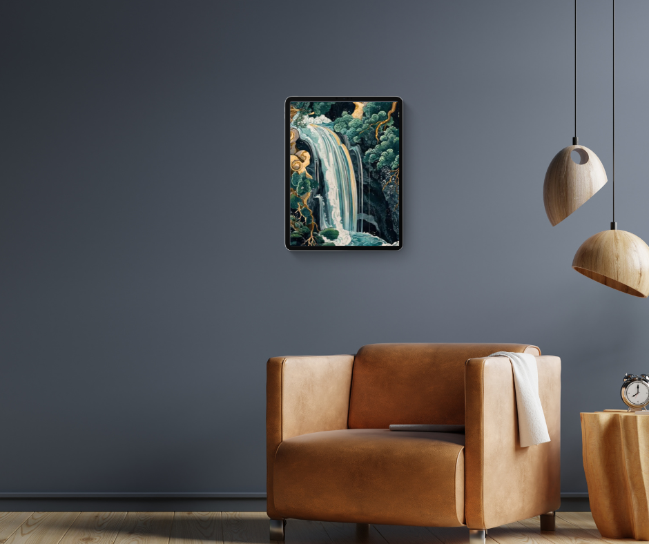 Japanese-inspired 3D teal and gold waterfall framed canvas print | 30 cm x 40 cm