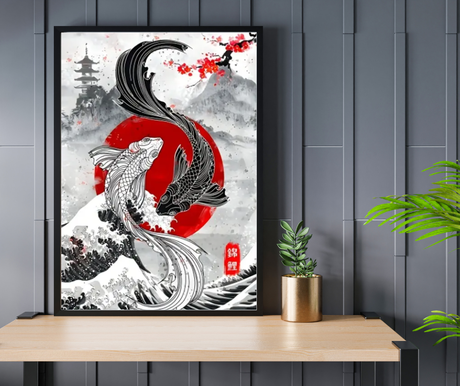 Japanese Koi framed canvas print | Black, red, white | 30 cm x 40 cm