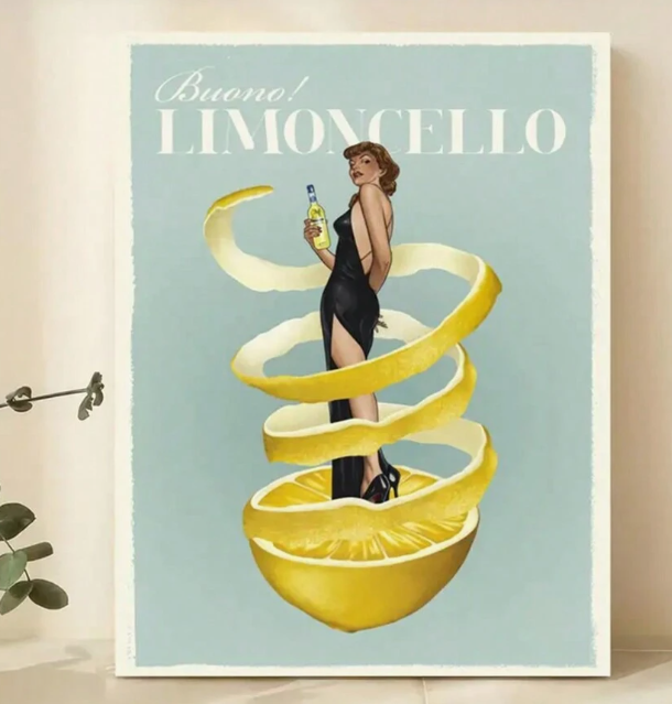 Limoncello vintage poster | High quality UV protected framed canvas print | Sage, yellow, black | 30 cm x 40 cm