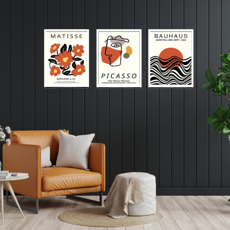Bauhaus, Matisse and Picasso | High quality UV protected framed canvas print | Orange and black | Set of 3 | Black frames