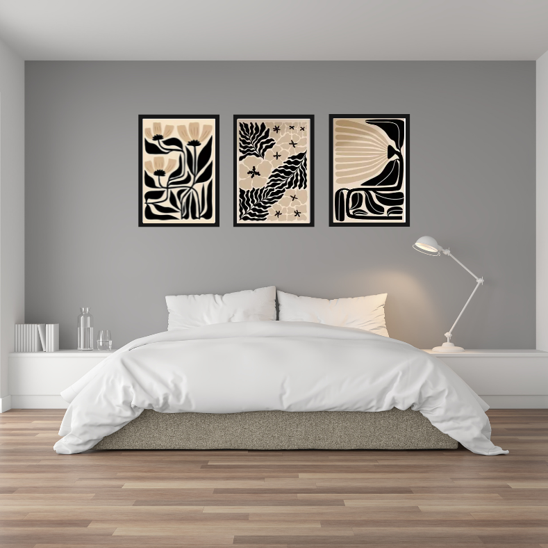 Matisse stylised floral high quality UV protected framed canvas prints | Beige, black, cream | Set of 3 | 30 cm x 40 cm