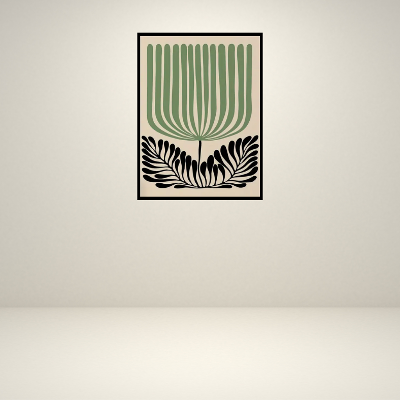 Matisse stylised single tulip high quality UV protected framed canvas print | Sage, black, cream | 30 cm x 40 cm
