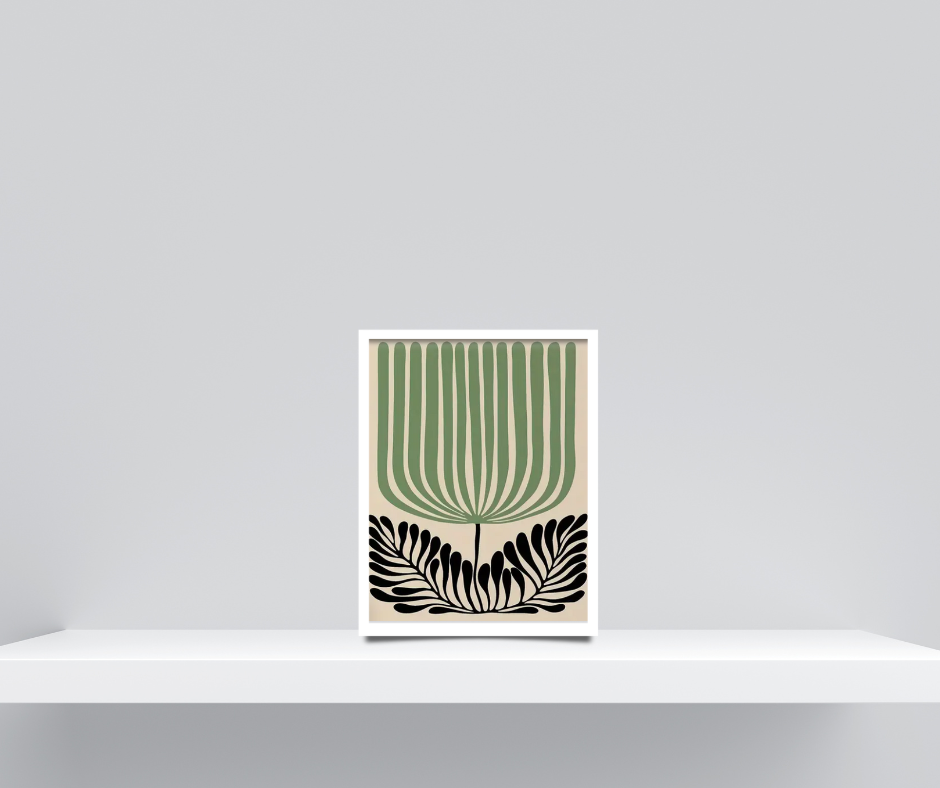 Matisse stylised floral high quality UV protected framed canvas prints | Sage, black, cream | Set of 3 | 30 cm x 40 cm