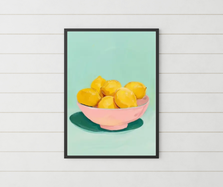 Mediterranean lemon still life high quality UV protected framed canvas print | Yellow, green, pink | 50 cm x 70 cm LGE