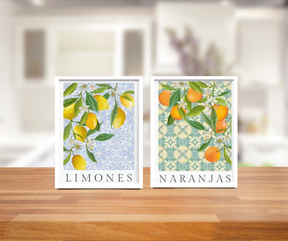 Mediterranean citrus high quality UV protected framed canvas print | Blue, white, yellow, orange, green | Set of 2 | 30 cm x 40 cm