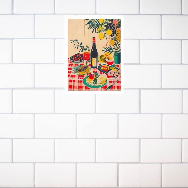 Mediterranean feast with tablecloth | High quality UV protected framed canvas print | Red, green, cream | 30 cm x 40 cm