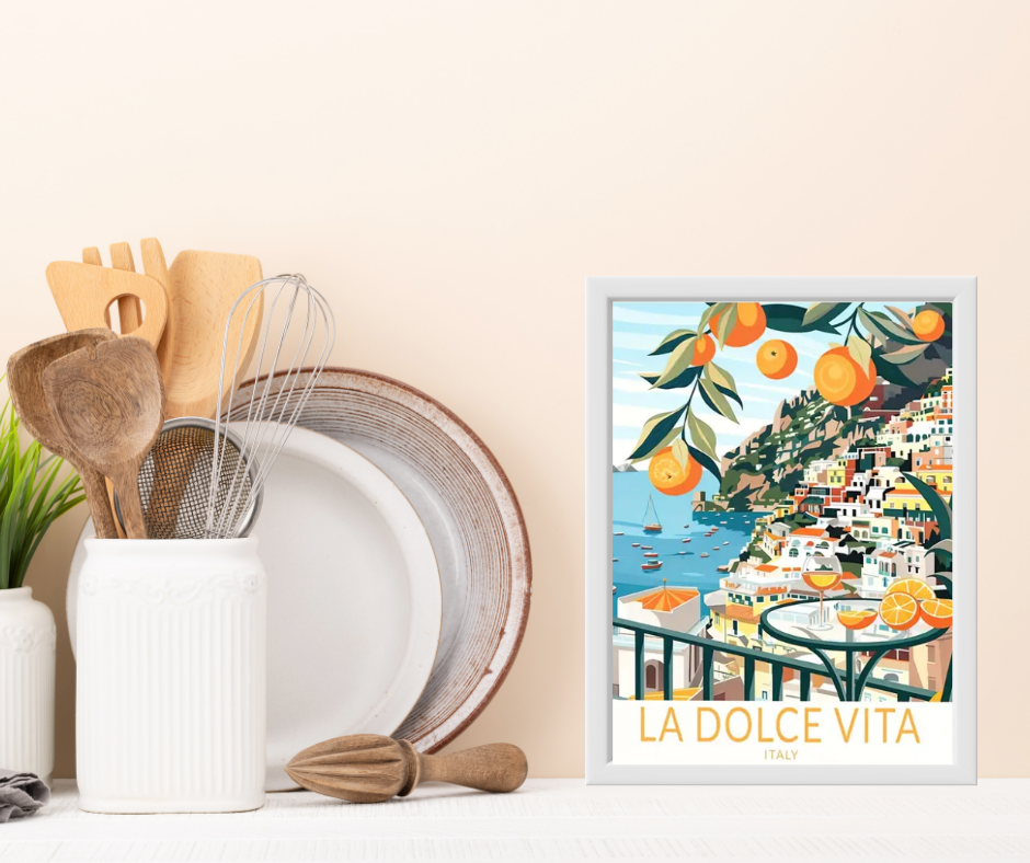 Mediterranean feast the sweet life high quality framed canvas print | Orange, white, olive | 30 cm x 40 cm