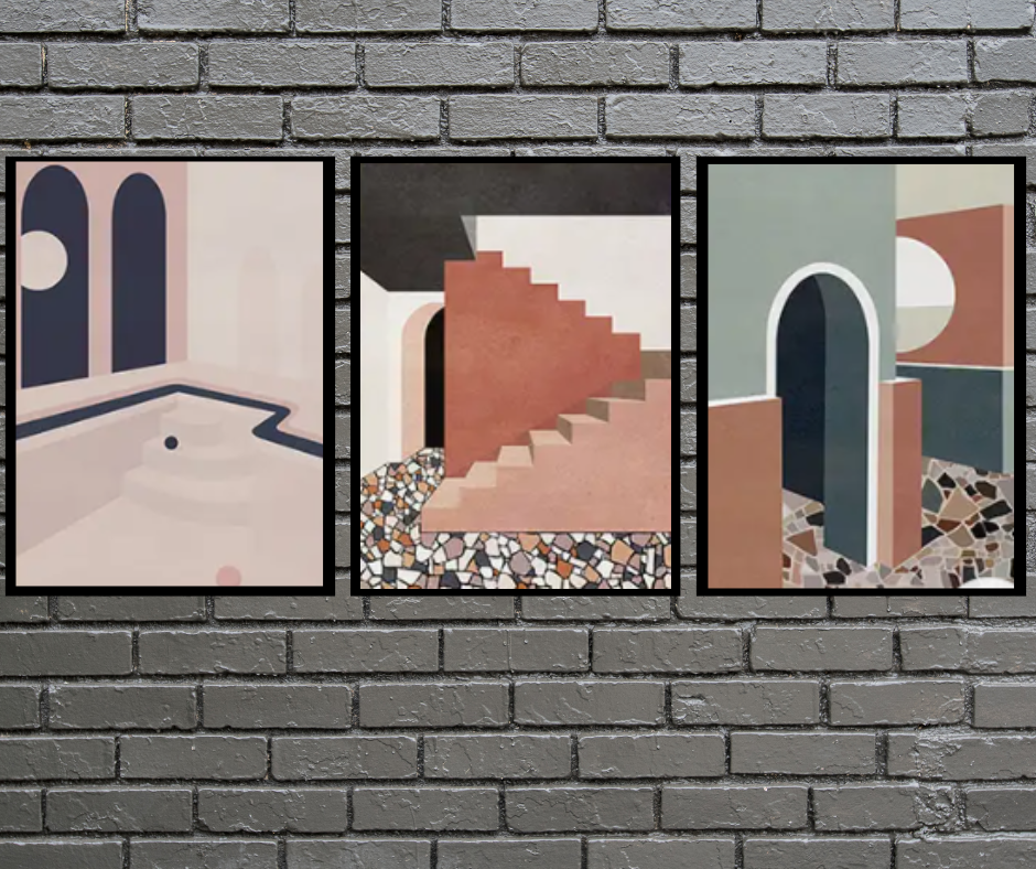 Art deco architecture | High quality UV protected framed canvas print | Navy, green, tan | Set of 3 | 30 cm x 40 cm