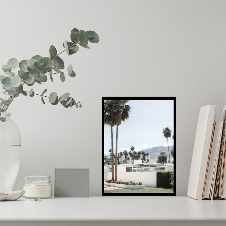 Palm Springs 'Beyond the Palms' mid-century high quality UV protected framed canvas | White, blue, beige, green | 30 cm x 40 cm