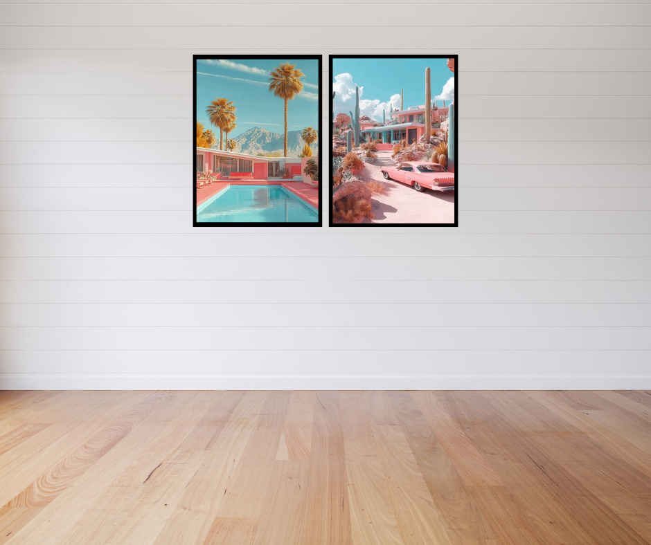 Palm Springs mid-century bungalow high quality framed canvas prints | Pink, beige, green | Set of 2 | 30 cm x 40 cm
