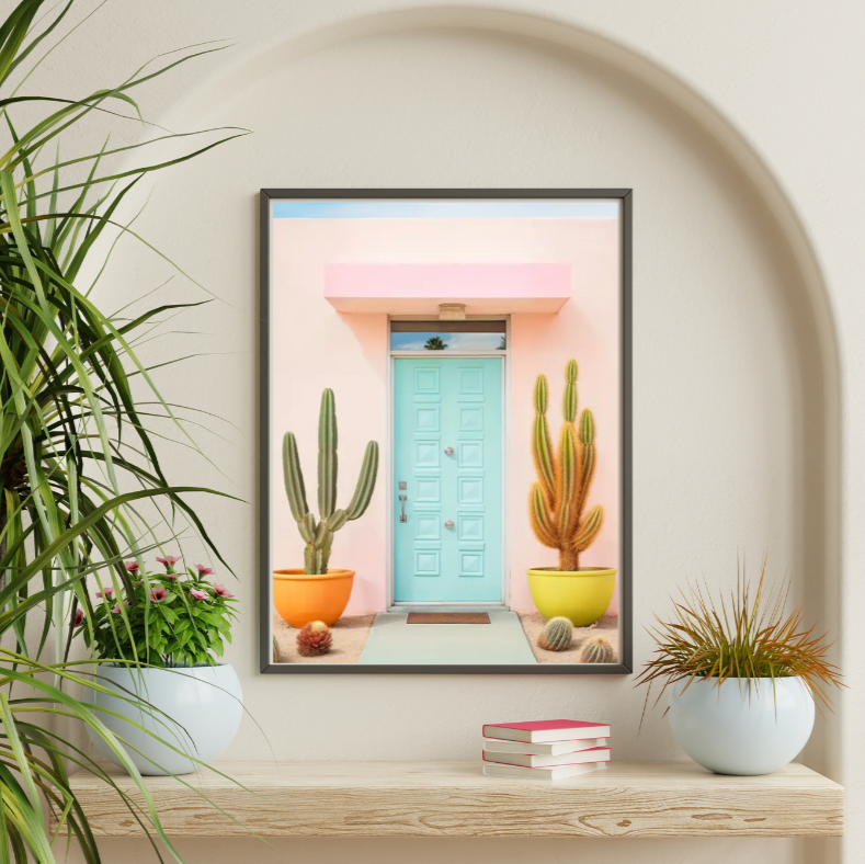Palm Springs cactus at front door high quality UV protected framed canvas print | Pink, aqua, orange, yellow | 30 cm x 40 cm