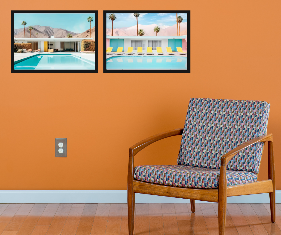 Palm Springs pools high quality framed canvas prints | Pink, blue, lemon | Set of 2 | 30 cm x 40 cm