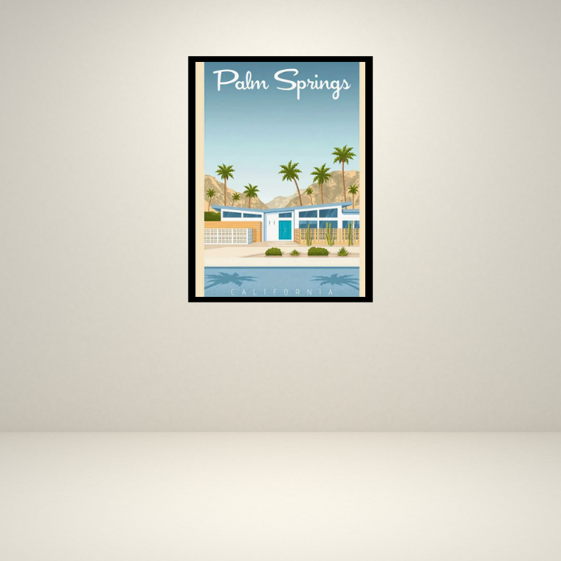 Palm Springs vintage poster high quality UV protected framed canvas print | Blue, beige, green | Style A | 30 cm x 40 cm