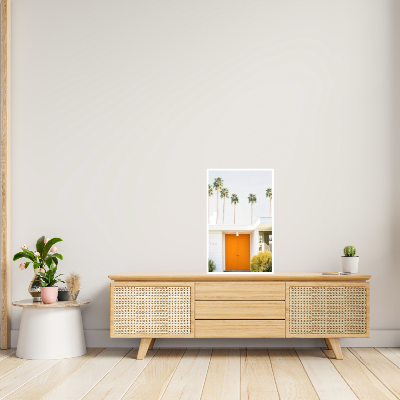 Palm Springs white house with orange door high quality UV protected framed canvas print | White, orange, green | 30 cm x 40 cm*
