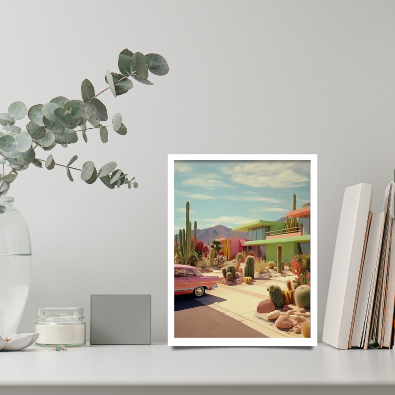 Vintage Palm Springs high quality framed canvas prints | Green house with pink car | 30 cm x 40 cm