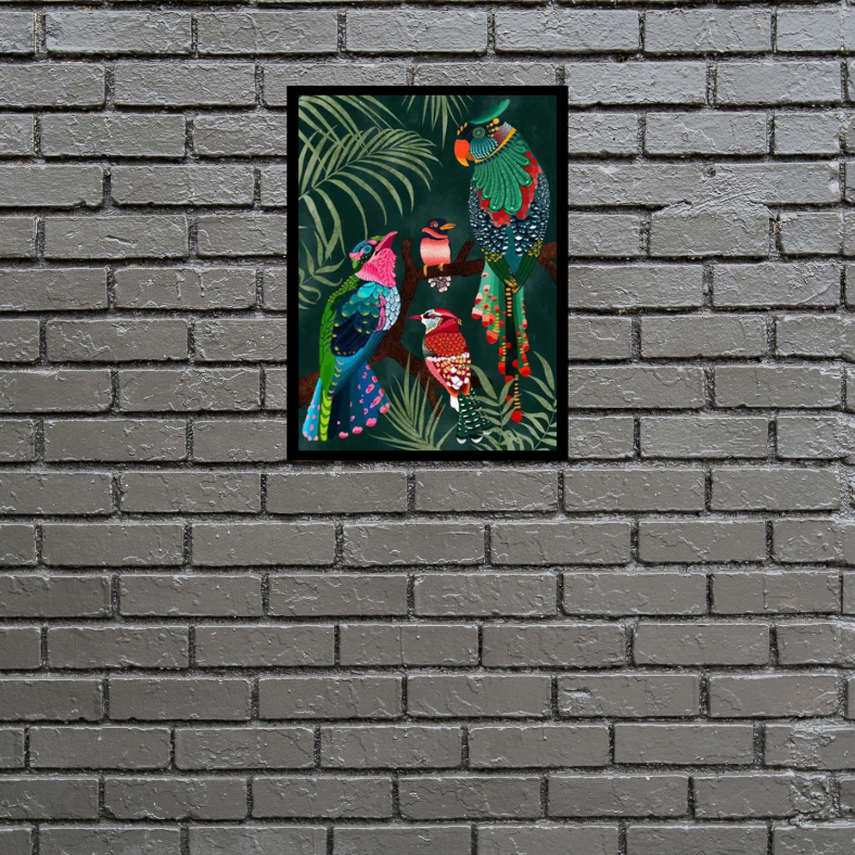 Parrots in the jungle vibrant framed canvas print | Green, blue, black red | 30 cm x 40 cm