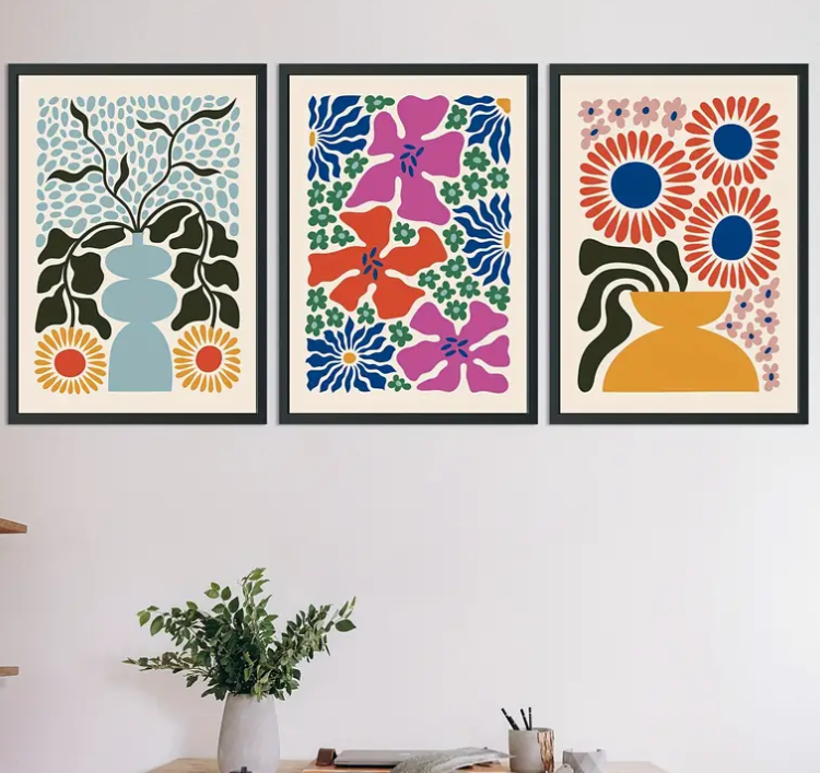 Matisse bright floral high quality UV protected framed canvas prints | Pink, blue, red, black, yellow | Set of 3 | 30 cm x 40 cm