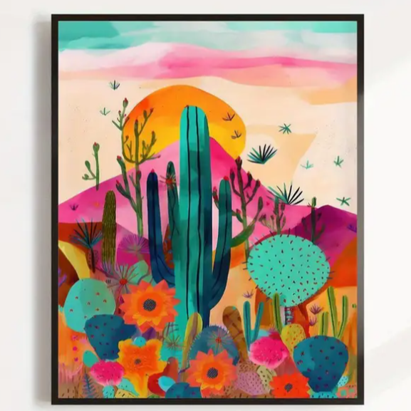 Vibrant cactus desert scene high quality UV protected framed canvas print | Pink, aqua, orange | 50 cm x 70 cm LGE