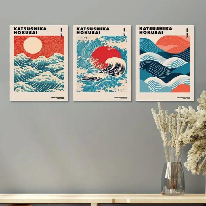 Katsushika Hokusai 'Great Wave' framed canvas prints | Blue, orange | Set of 3 | 30 cm x 40 cm