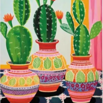 Vibrant cactus in three pots framed canvas prints | Green, red, pink, tiles | 30 cm x 40 cm