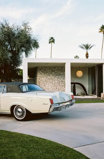 Palm Springs house with Cadillac high quality UV protected framed canvas print | Green, grey, white | 30 cm x 40 cm