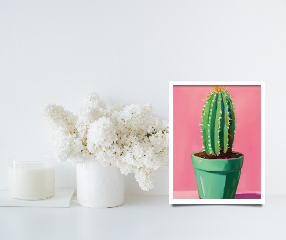 Still life cactus | High quality UV protected framed canvas print | Light green pot, pink | 30 cm x 40 cm