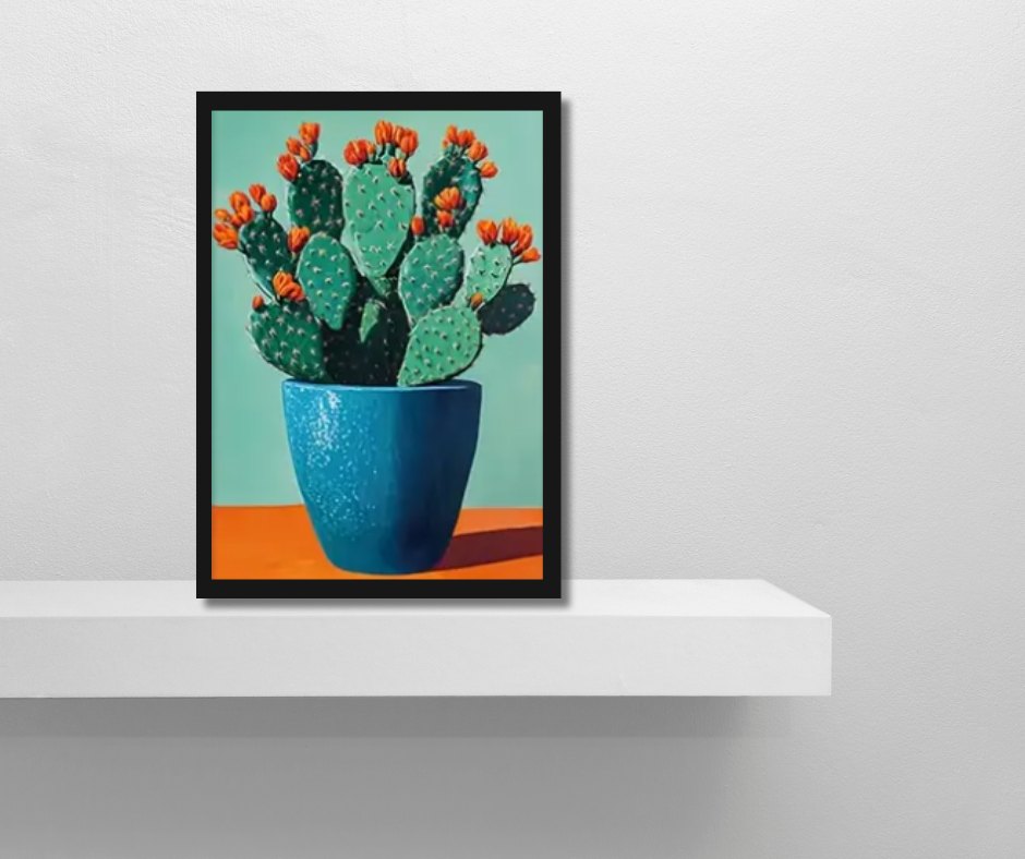 Still life cactus | High quality UV protected framed canvas print | Orange, blue, green | 30 cm x 40 cm