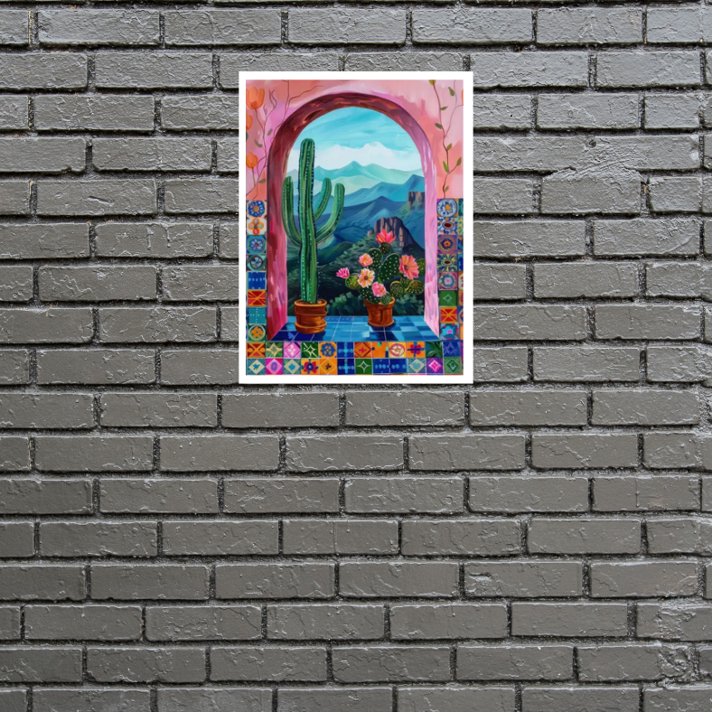 Mexicali arched window framed canvas print | Pink, blue, mauve, green | 30 cm x 40 cm