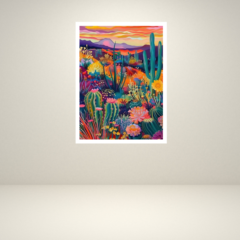 Vibrant cactus desert scene (mid-century) high quality UV protected framed canvas print | Green, orange, purple | 30 cm x 40 cm