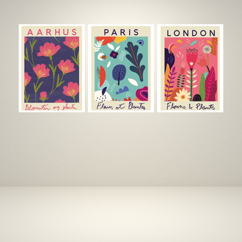 Vibrant 'flower market' London, Paris, Aarhaus | high quality UV protected framed canvas prints | pink, navy, aqua | Set of 3 | 30 cm x 40 cm