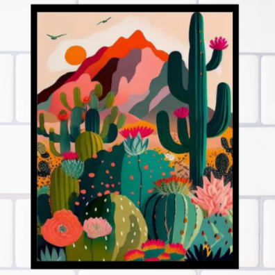 Vibrant stylised desert scene framed canvas print | Green, orange, pink | 30 cm x 40 cm