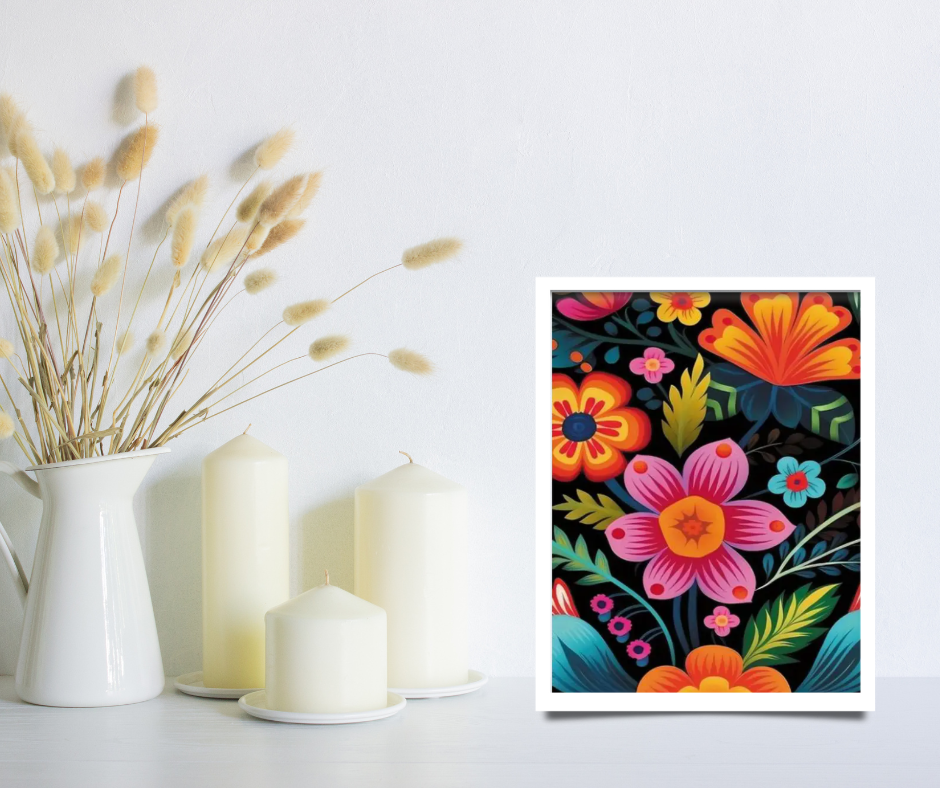 Vibrant abstract mex-style floral framed canvas print | Black, green, red, orange, green | 30 cm x 40 cm