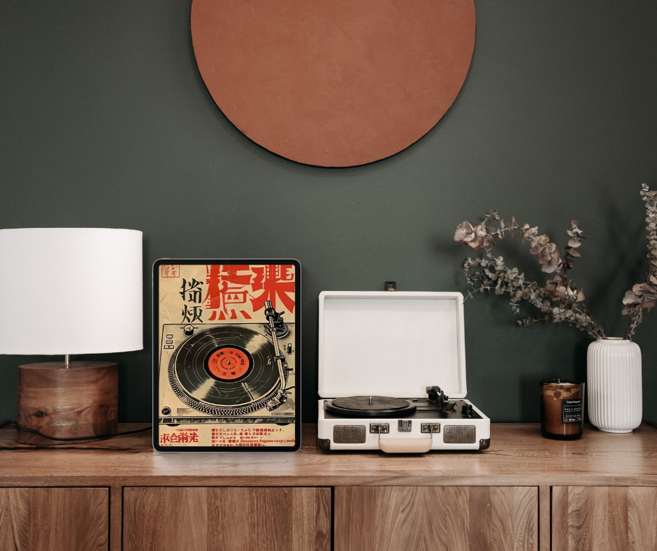 Vintage Japanese vinyl framed canvas print | Red, black, beige | 40 cm x 30 cm