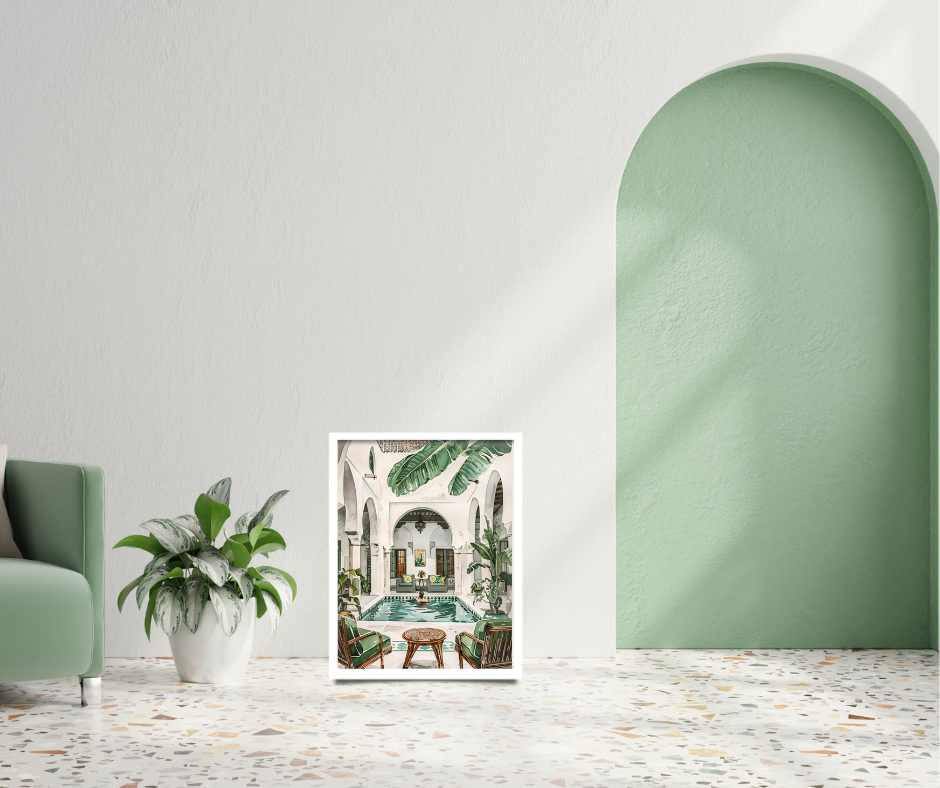 Vintage Moroccan baths framed canvas print | Green, brown, cream | 40 cm x 30 cm