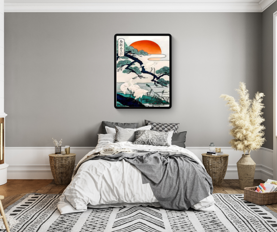 Japanese white crane high with orange sunset framed canvas print | White, teal, orange, black | 50 cm x 70 cm LGE