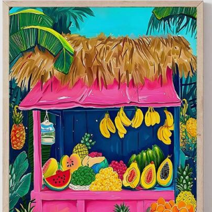 Tropical fruit holiday | High quality UV protected framed canvas print | Pink, green, yellow | Set of 2 | 30 cm x 40 cm
